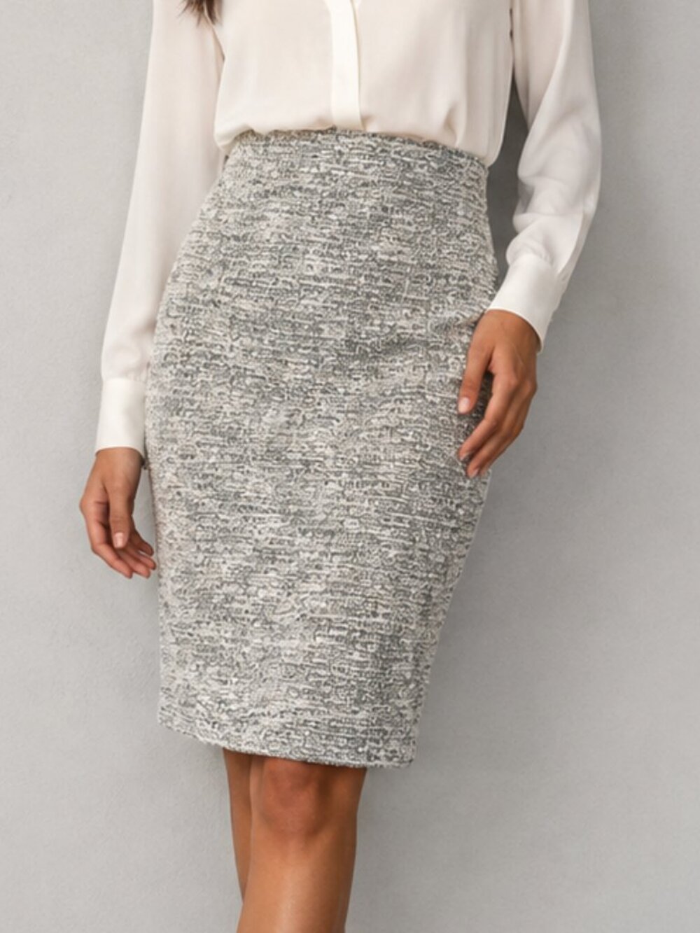 ANN TAYLOR Green Black White Tweed Bouclé Knit Stretch Pencil Skirt Work M EUC